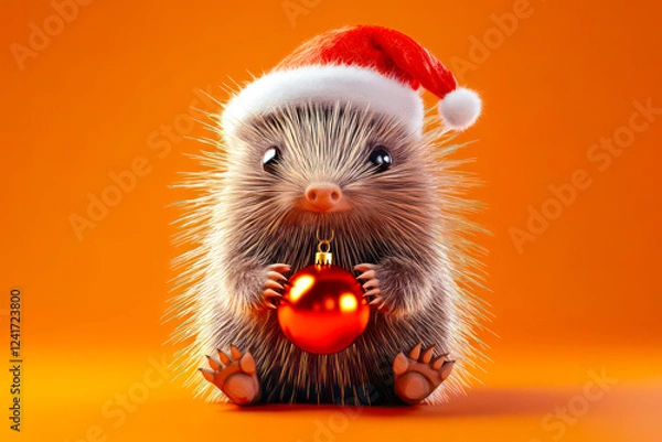 Obraz Merry Christmas concept holiday card - Spiky porcupine wearing a Santa hat and holding a tiny holiday ornament in its paws, on a cozy orange background – unique, 3D holiday illustration.