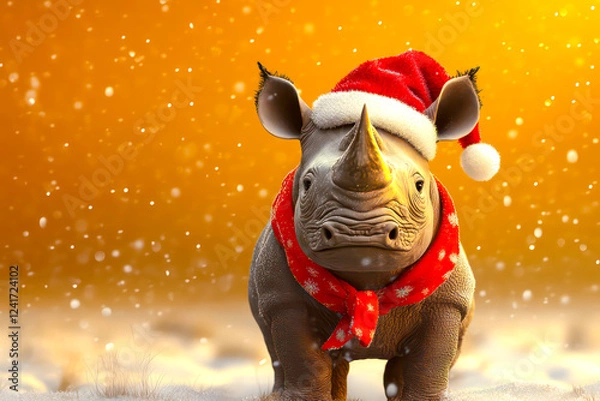 Obraz Merry Christmas concept holiday card - Strong rhinoceros with a Santa hat and a festive red scarf, standing in a snowy savanna with a warm orange background – powerful, 3D holiday illustration.
