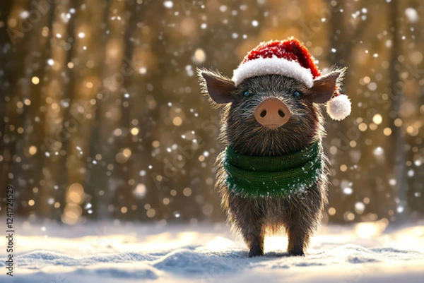 Obraz Merry Christmas concept holiday card - Tough boar in a Santa hat and green scarf, standing in a snowy forest clearing with a warm brown background – rugged, 3D holiday illustration