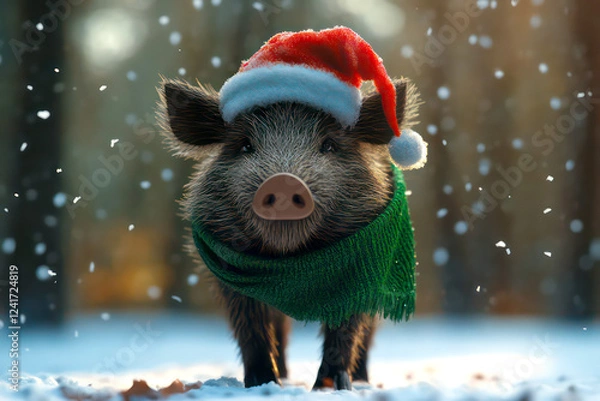 Obraz Merry Christmas concept holiday card - Tough boar in a Santa hat and green scarf, standing in a snowy forest clearing with a warm brown background – rugged, 3D holiday illustration