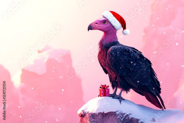 Obraz Merry Christmas concept holiday card - Unique vulture with a Santa hat, holding a small gift, perched on a snowy cliff with a soft pink background – quirky, 3D holiday illustration. 