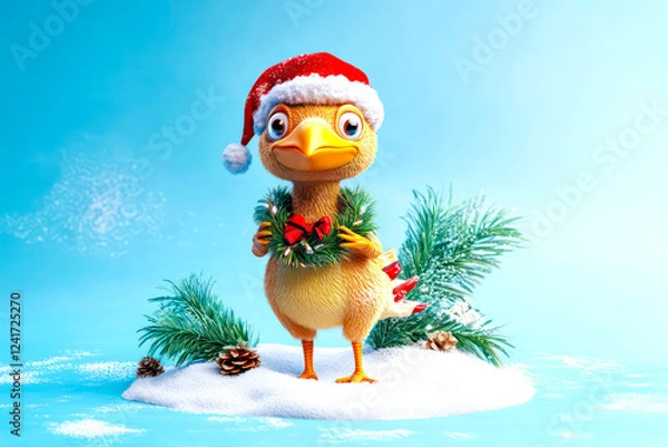 Obraz Merry Christmas concept holiday card - Whimsical dodo with a Santa hat and a holiday wreath, standing on a snowy island with a light blue background – nostalgic, 3D holiday illustration.