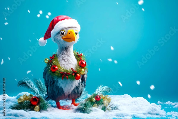 Obraz Merry Christmas concept holiday card - Whimsical dodo with a Santa hat and a holiday wreath, standing on a snowy island with a light blue background – nostalgic, 3D holiday illustration.