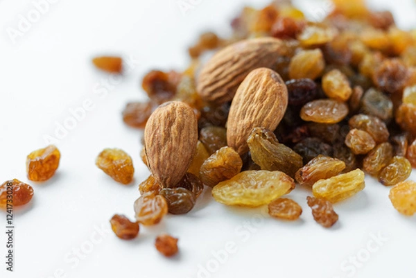 Obraz Appetizing almonds and sweet raisins on a light background. Vegetarian food, healthy sweets