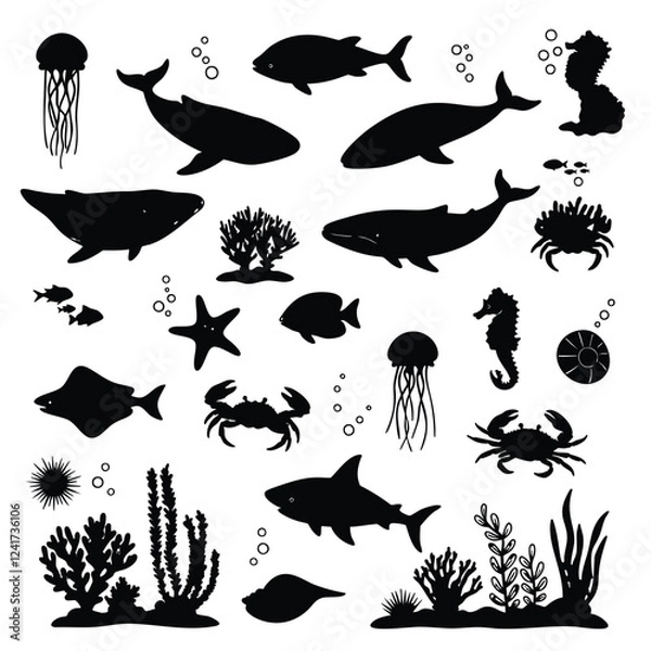 Fototapeta a collection of black silhouette illustrations representing various marine animals and underwater plants