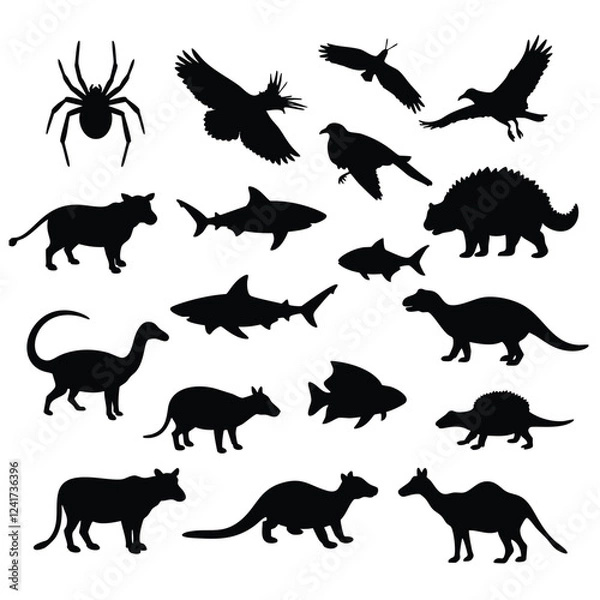 Fototapeta a collection of black silhouette shapes representing diverse animals and birds