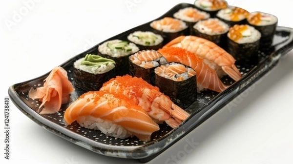 Obraz Detailed close-up of sushi varieties like dragon rolls, spicy tuna, and cucumber maki on a glossy black plate, set against a bright white background