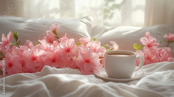 Fototapeta Serene morning scene with a cup of coffee surrounded by pink flowers on a cozy bed