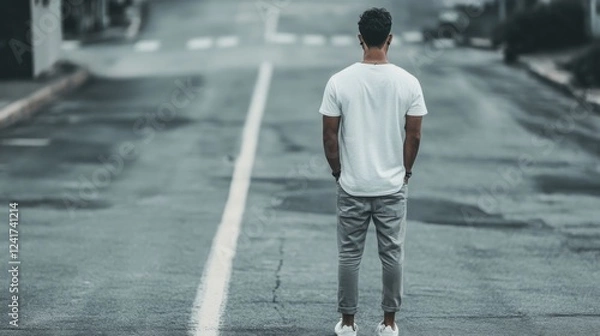 Fototapeta Man standing on empty street, contemplating future, suburban background; website banner