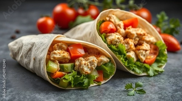 Fototapeta stock photo two chicken wraps, high-angle perspective, soft pastel colors, close-up. Wraps filled with shredded chicken, cucumbers, tomatoes, peppers, lettuce, parsley. Light brown tortillas