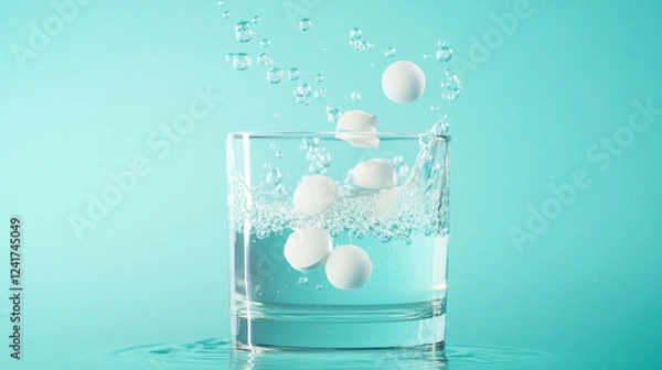 Fototapeta Effervescent tablet dissolving in a glass of water with energetic bubbles rising
