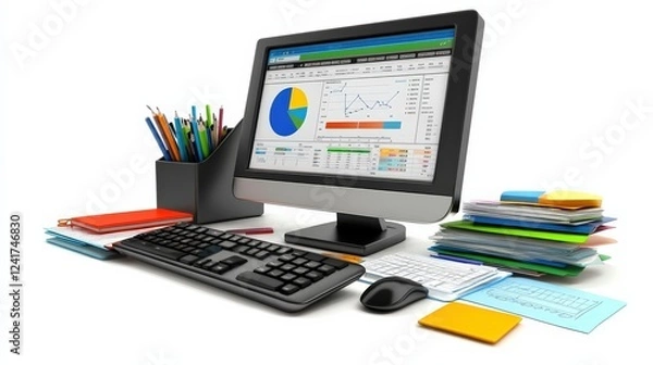 Fototapeta Computer workstation with colorful charts, documents, and stationery in a bright setting