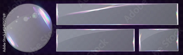 Fototapeta Transparent glass panels with reflections and iridescent light effects on dark background.