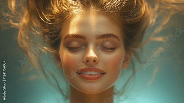 Fototapeta Captivating Underwater Portrait of a Smiling Woman with Blue Eyes and Sunlight Patterns on Her Face