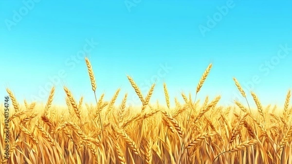 Fototapeta Golden wheat field under a clear blue sky with ripe grain swaying in the warm breeze during harvest season