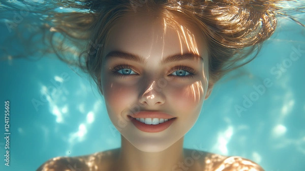 Fototapeta Captivating Underwater Portrait of a Smiling Woman with Blue Eyes and Sunlight Patterns on Her Face
