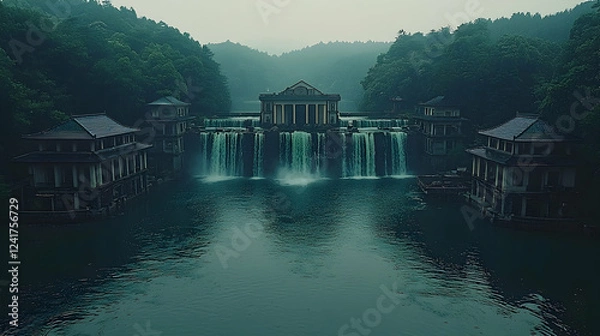 Fototapeta Misty mountain waterfall dam, serene lake, ancient architecture, tranquil scene, tourism poster