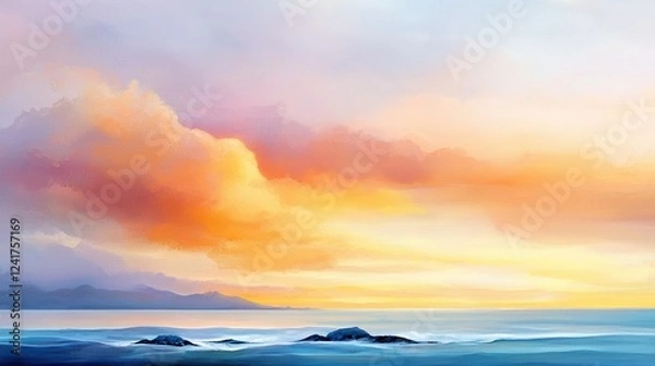 Fototapeta   A stunning depiction of a sunset on a tranquil body of water, featuring a boat adrift and a majestic mountain fading into the horizon