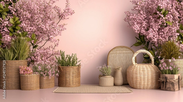 Fototapeta Rustic Spring Still Life with Wicker Baskets, Greenery, and Pink Cherry Blossoms on a Soft Pastel Background