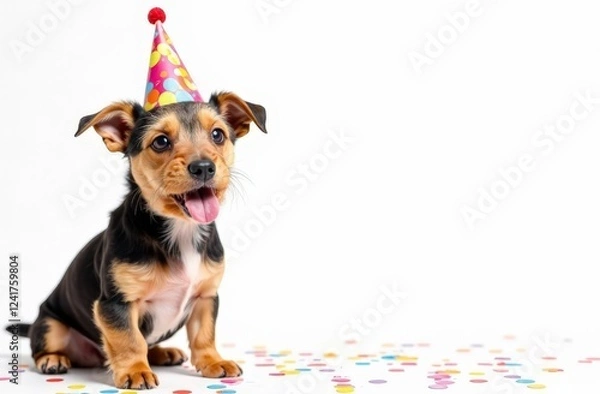 Fototapeta on the left is a portrait of a terrier dog in a cap on his head, the concept of a birthday celebration, around confetti on a white background, on the right is a place for text