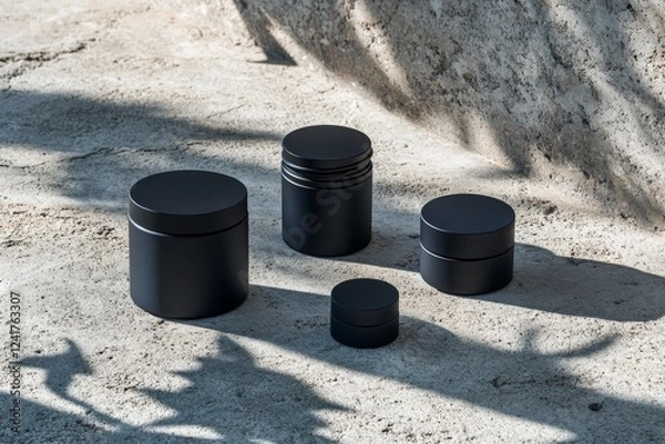 Fototapeta Minimalist skincare bottles and jars are thoughtfully arranged on a natural stone surface, illuminated by leafy shadows adding warmth and texture to the composition