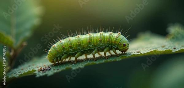Fototapeta Ultra-detailed 8K macro shot of a tiny caterpillar camouflaged on a leaf, showcasing intricate patterns, vibrant green tones, and soft natural light.