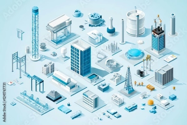 Fototapeta Isometric Cityscape: A Detailed View of Modern Structures and Industrial Facilities
