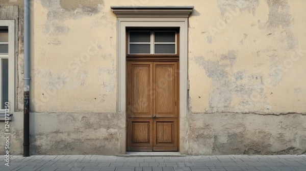 Fototapeta Old wooden door, weathered wall, city street, sunlight