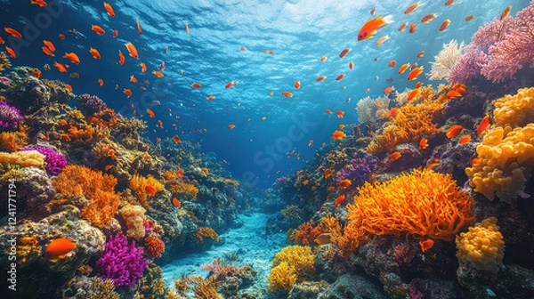 Fototapeta A thriving coral reef with colorful fish and marine biodiversity, crystal-clear ocean