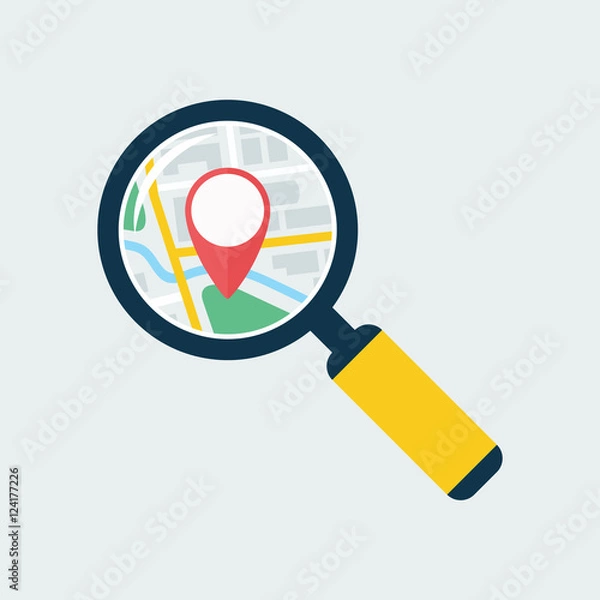 Obraz Map inside magnifier flat icon. Magnifying glass with handle zooming fragment of a navigational map focused on gps symbol. Colored vector eps8 illustration.