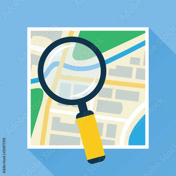Obraz Magnifying glass over navigational map flat icon. Magnifier with handle zooming fragment of a paper map. Colored vector eps10 illustration.