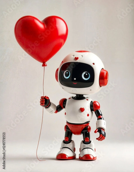 Fototapeta Robot holding a red heart balloon. The robot is smiling and he is happy. Concept of joy and playfulness