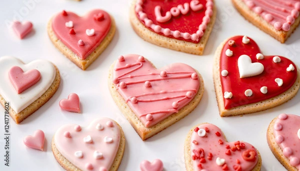 Fototapeta Row of heart-shaped cookies with the word LOVE written on them. The cookies are decorated with pink icing and sprinkles, giving them a festive and romantic appearance
