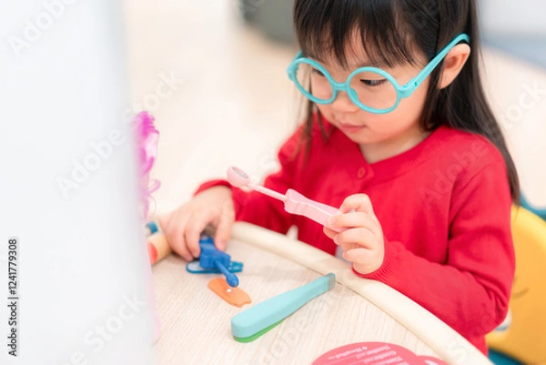 Fototapeta A young girl is sitting at a table with a variety of toys, including a set of doctor's tools. She is smiling and she is enjoying herself