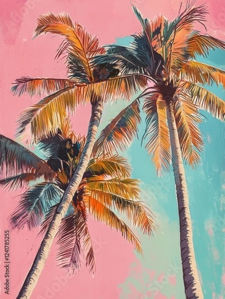 Fototapeta Soft pastel illustration of coconut trees for tropical travel marketing campaigns