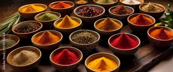 Obraz Bowls of colorful spices beautifully arranged showcasing culinary diversity and culture