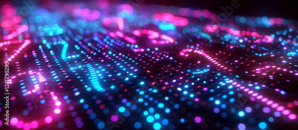 Fototapeta Glowing dots in blue and pink form digital numbers on a dark surface. Concept of digital technology and data visualization. For tech-themed presentations.
