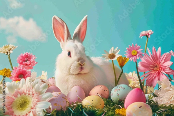 Fototapeta Whimsical Easter Bunny Delivering Eggs at Sunrise with Spring Colors: Easter