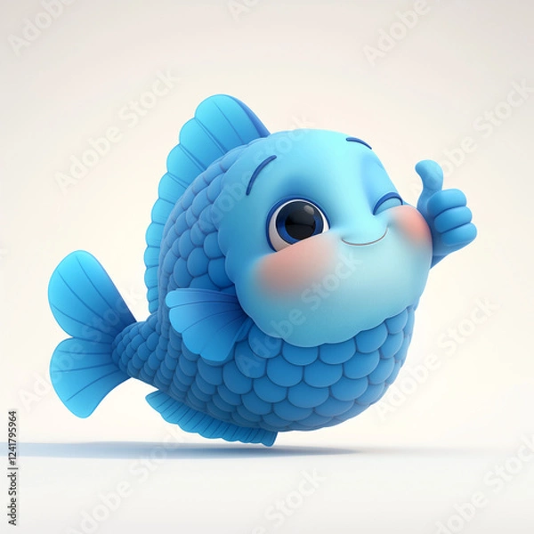 Obraz Blue winking fish with thumb up on light background