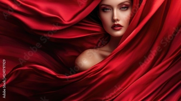 Fototapeta A woman wearing a red cloth that covers her face, possibly for modesty or concealment