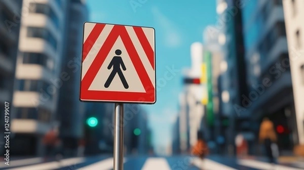 Fototapeta Urban pedestrian crossing sign at a busy city zebra cross urban environment signage perspective traffic safety