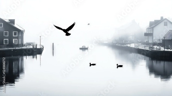 Fototapeta   A monochromatic picture shows a bird flying above a water body near a row of houses
