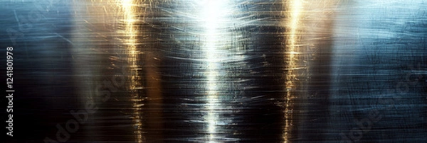 Fototapeta Metal surface with horizontal and vertical light reflections, casting a warm glow. Concept of abstract texture and industrial design. For background images and design templates.