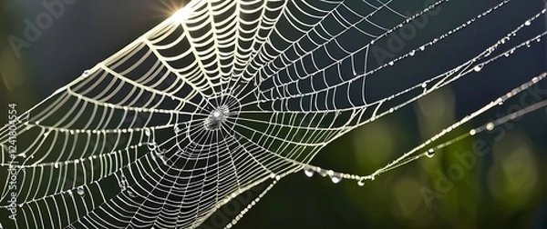 Fototapeta Glistening morning dew coating spider webs turning them into delicate works of art