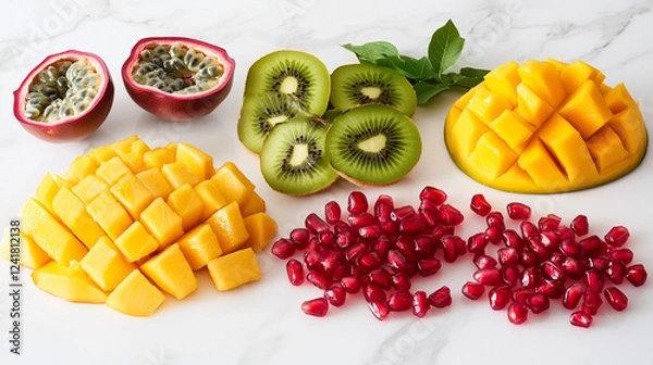Fototapeta Freshly sliced mango, kiwi, passion fruit, and pomegranate on a white marble background. Balanced composition with soft lighting highlighting the vibrant colors and juicy textures.