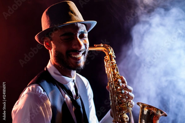 Fototapeta Smiling saxophonist with hat and smoke on background