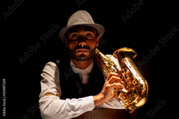 Fototapeta Musician with saxophone. Serious face portrait on black background. Low key.
