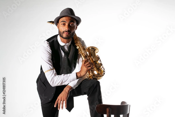 Obraz Saxophonist with hat on white background