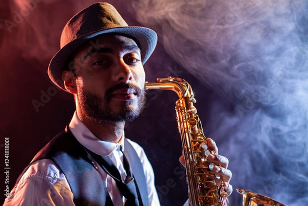 Obraz Portrait of saxophonist with hat