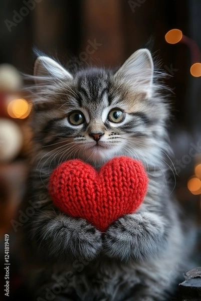 Obraz holiday valentine card with cute kitten holding red knitted heart in paws